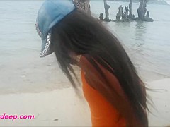 Heather deep let's cum explode in throat out mouth and eats it on rainy day in bikini