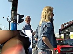 Alluring golden-haired upskirt footage