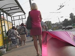 Golden-Haired in pink costume very sexy upskirt