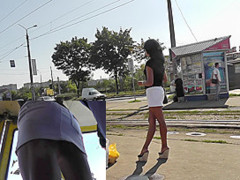 Babe in platform shoes and short skirt in upskirt vids