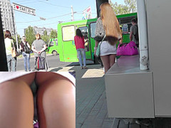 Skinny babe wears mini skirt in the voyeur upskirt vid