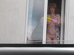 Sexy Milf Frina In Dressing Gown Without Panties And Bra Washes Windows Of Apartment And Is Not Shy 