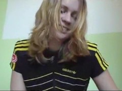 Teen blonde babe fucks pussy hard