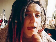 Cute girl make passion blowjob lick balls suck cock and take cum in mouth.
