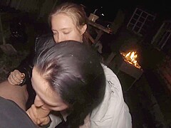 Ffm Threesome Sucking On The Backyard - Outdoor Double Blowjob - Oral Creampie