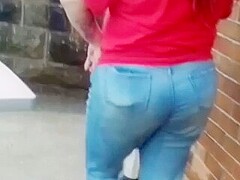 Big assed bbw red head walking in tight jeans