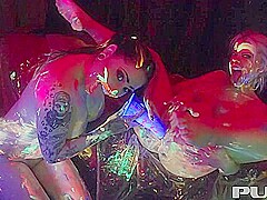 Black-light Babes Nadia And Ophelia Suck Off A Colorful Cock - Ophelia Rain, Nadia White And Phil Co