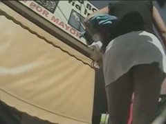 horny upskirt teen show in a white and denim mini skirt