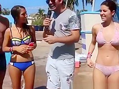 Short hair girl in pink bikini cameltoe