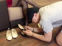 Femdome bound slave lick clean shoes mistress handcuffs