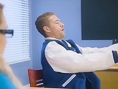 Geek schoolgirl with big tits fucks in the classroom