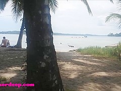 Ameteur Tiny Thai Teen Heather Deep day at the beach gives deepthroat Throatpie Swallow