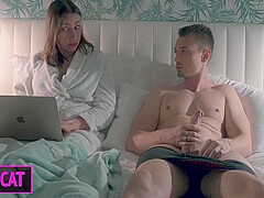 : Stepmom Helps To Cum Stepson In Share Bed While Working Till Get Pussy Creampie And Facial