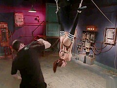 Bent over busty babe ass caned in bondage
