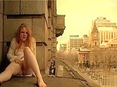 Ginger girl masturbates in public outside her apartment