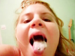 Chubby amateur chick swallows cum