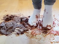 Crushing Chocolate Cake in Well Worn Ballet Flat Shoes and Socks