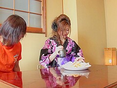 Lusty Japanese babe in a kimono gets filled with jizz