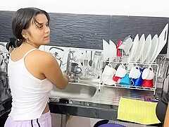 My Stepmom Fucks My Small Pussy In The Kitchen While She Washes The Slab