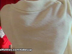 CASTING girl does BJ and fucks her pussy with banana
