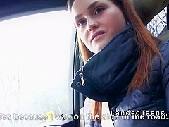 Busty teen flash tits and grab cock in car to stranger