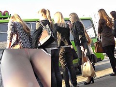 Sexy hose upskirt on bus stop