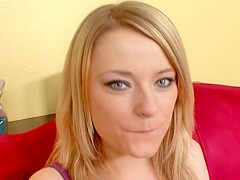 Grey-eyed chick gets her wet pussy fucked in the living room
