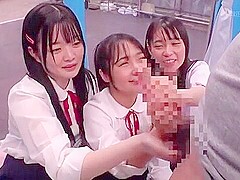 Three beautiful girls in uniform get excited when they see a man's penis and cum all over his hands.