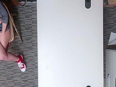 Teen shoplifter Megan Sage takes two giant dicks