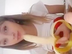 very cute girl blowjob dildo and banana