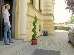 Super hot blonde teen gets the chance to suck two cocks and get in this college