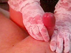 Handjob with white lace gloves
