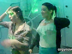 Sensual peaches give blowjob and enjoy screwing and groupsex