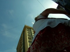 Hot sexy upskirt of beautiful blond girl walking with friend