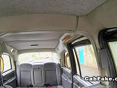 Huge tits blonde in pantyhose bangs in cab