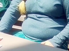 Sexy blonde with big tits camel toe at the end