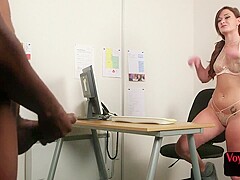 Bossy busty voyeur teases staff member