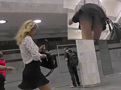 Astounding blonde babe presents sweet upskirt view