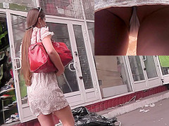 Accidental upskirt action featuring a slim female