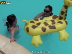 Bunch of chubby female asses swim in the pool