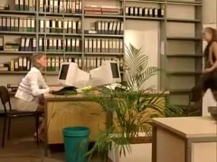 German office lesbians playing with bananas and cucumbers