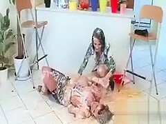 Wet And Messy Lesbians Fighting In The Kitchen