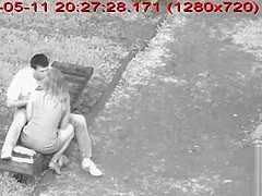 Blonde amateur girl gives her horny guy a nice handjob in the park