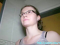 Hot Glasses Babe Fucks In Public Bathroom