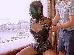 Japanese girl mild breath play in leather hood