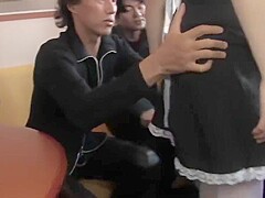 Slut in waitress uniform gets a banana shoved in her fuck hole