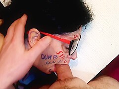 Dumb Bitch With Body Writing Taking Cock Slap, Spitting And Cum