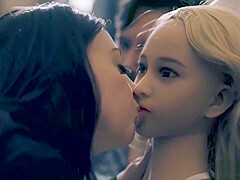 Threesome sex with a teen and a weird silicone sex doll