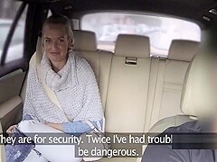 Tanned sexy blonde takes cock in taxi