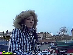 Blonde Girl after persuading goes shopping with a stranger